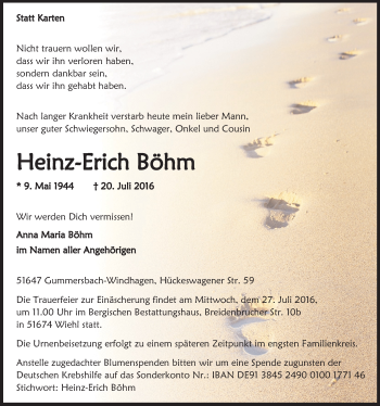 Anzeige von Heinz-Erich Böhm von  Anzeigen Echo 