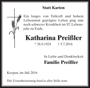 Anzeige von Katharina Preißler von  Sonntags-Post 