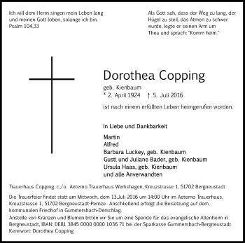 Anzeige von Dorothea Copping von Kölner Stadt-Anzeiger / Kölnische Rundschau / Express