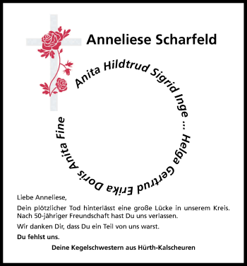 Anzeige von Anneliese Scharfeld von Kölner Stadt-Anzeiger / Kölnische Rundschau / Express