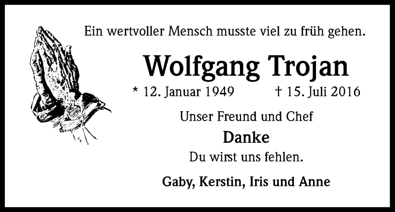  Traueranzeige für Wolfgang Trojan vom 23.07.2016 aus Kölner Stadt-Anzeiger / Kölnische Rundschau / Express