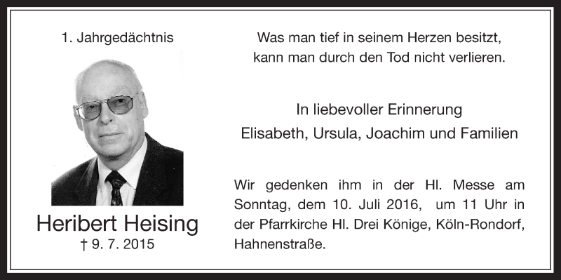  Traueranzeige für Heribert Heising vom 06.07.2016 aus  Kölner Wochenspiegel 