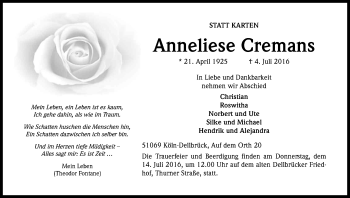 Anzeige von Anneliese Cremans von Kölner Stadt-Anzeiger / Kölnische Rundschau / Express