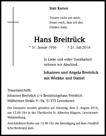 Anzeige von Hans Breitrück von Kölner Stadt-Anzeiger / Kölnische Rundschau / Express