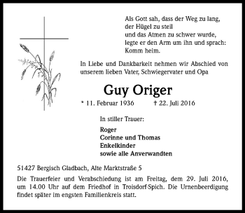 Anzeige von Guy Origer von Kölner Stadt-Anzeiger / Kölnische Rundschau / Express