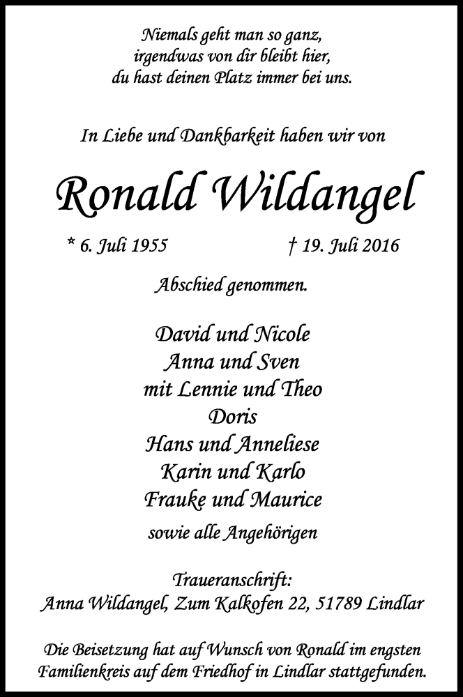  Traueranzeige für Ronald Wildangel vom 30.07.2016 aus Kölner Stadt-Anzeiger / Kölnische Rundschau / Express