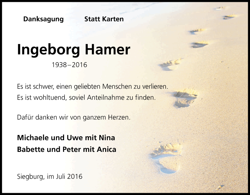  Traueranzeige für Ingeborg Hamer vom 02.07.2016 aus Kölner Stadt-Anzeiger / Kölnische Rundschau / Express