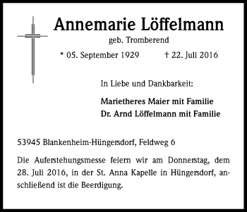 Anzeige von Annemarie Löffelmann von Kölner Stadt-Anzeiger / Kölnische Rundschau / Express