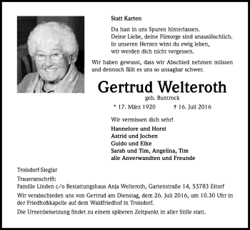 Anzeige von Gertrud Welteroth von Kölner Stadt-Anzeiger / Kölnische Rundschau / Express