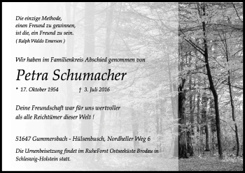 Anzeige von Petra Schumacher von Kölner Stadt-Anzeiger / Kölnische Rundschau / Express