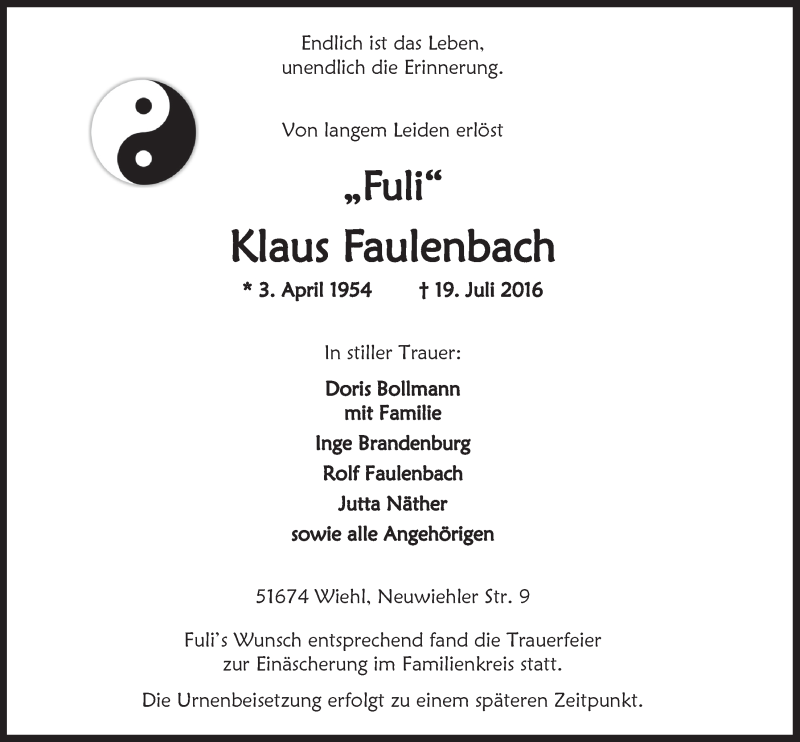  Traueranzeige für Klaus Faulenbach vom 27.07.2016 aus  Anzeigen Echo 