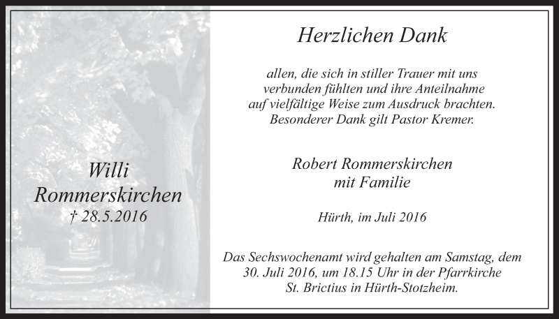  Traueranzeige für Willi Rommerskirchen vom 27.07.2016 aus  Wochenende 