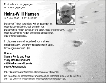 Anzeige von Heinz-Willi Hansen von  Anzeigen Echo 
