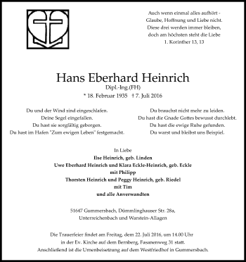 Anzeige von Hans Eberhard Heinrich von Kölner Stadt-Anzeiger / Kölnische Rundschau / Express