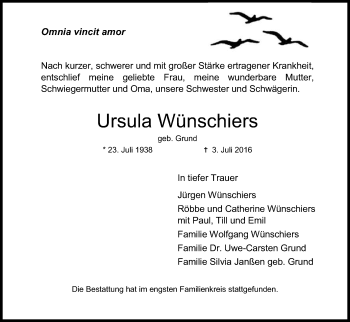 Anzeige von Ursula Wünschiers von Kölner Stadt-Anzeiger / Kölnische Rundschau / Express