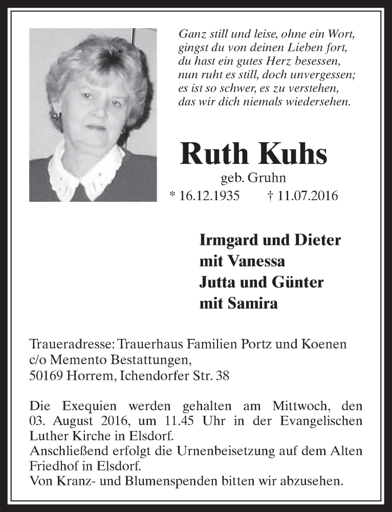  Traueranzeige für Ruth Kuhs vom 27.07.2016 aus  Werbepost 