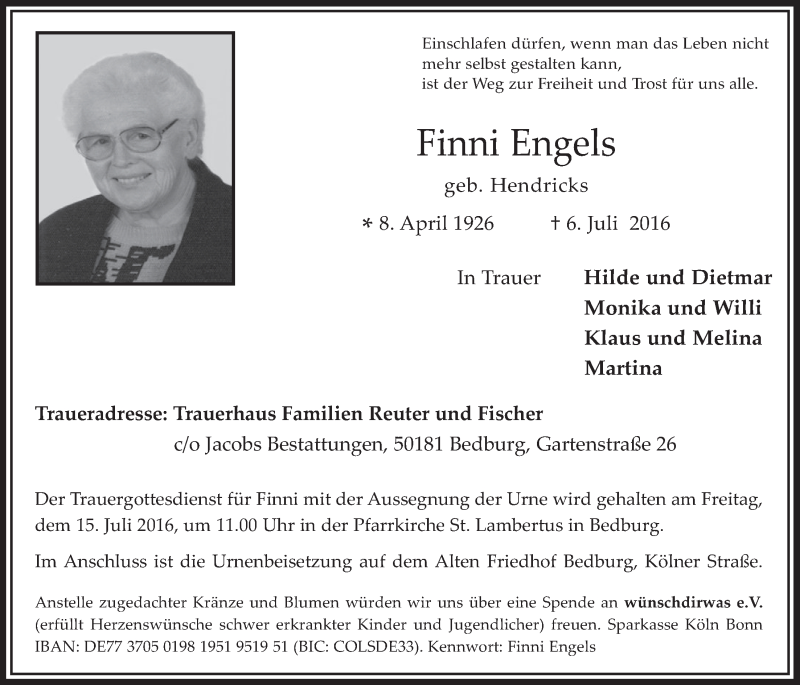  Traueranzeige für Finni Engels vom 13.07.2016 aus  Werbepost 