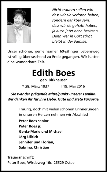 Anzeige von Edith Boes von Kölner Stadt-Anzeiger / Kölnische Rundschau / Express