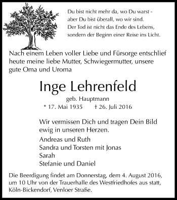 Anzeige von Inge Lehrenfeld von Kölner Stadt-Anzeiger / Kölnische Rundschau / Express