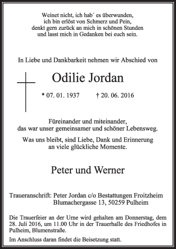 Anzeige von Odilie Jordan von  Sonntags-Post 