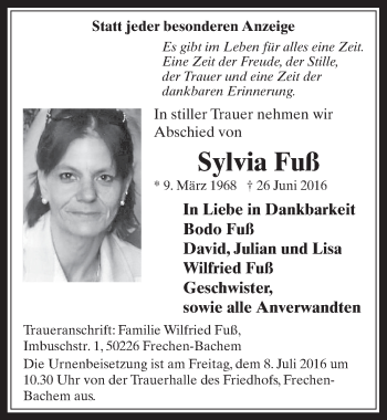 Anzeige von Sylvia Fuß von  Wochenende 
