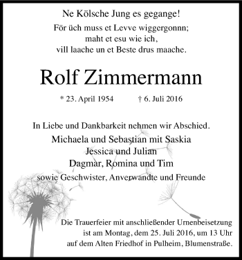Anzeige von Rolf Zimmermann von Kölner Stadt-Anzeiger / Kölnische Rundschau / Express