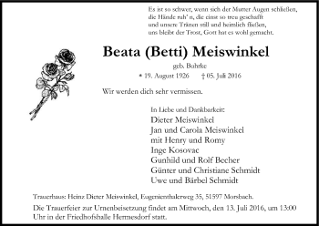 Anzeige von Beata Meiswinkel von Kölner Stadt-Anzeiger / Kölnische Rundschau / Express