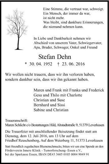 Anzeige von Stefan Dehn von Kölner Stadt-Anzeiger / Kölnische Rundschau / Express