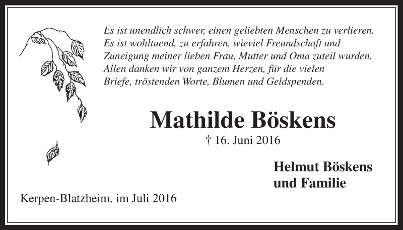  Traueranzeige für Mathilde Böskens vom 13.07.2016 aus  Werbepost 