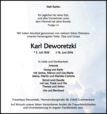 Anzeige von Karl Deworetzki von Kölner Stadt-Anzeiger / Kölnische Rundschau / Express