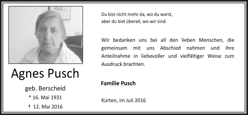  Traueranzeige für Agned Pusch vom 20.07.2016 aus  Bergisches Handelsblatt 