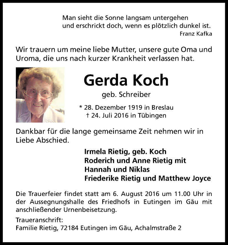  Traueranzeige für Gerda Koch vom 30.07.2016 aus Kölner Stadt-Anzeiger / Kölnische Rundschau / Express