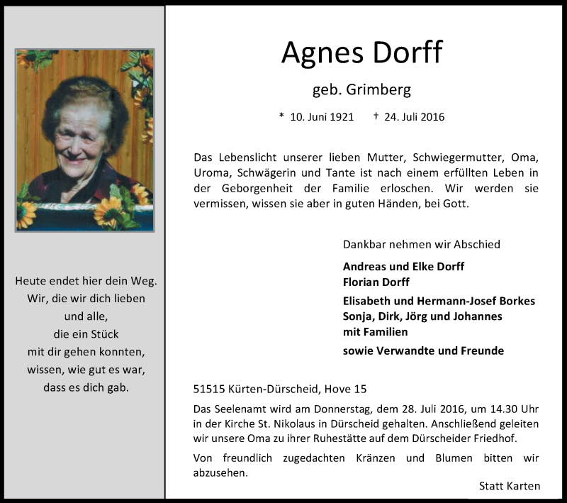  Traueranzeige für Agnes Dorff vom 26.07.2016 aus Kölner Stadt-Anzeiger / Kölnische Rundschau / Express