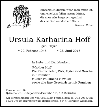 Anzeige von Ursula Katharina Hoff von Kölner Stadt-Anzeiger / Kölnische Rundschau / Express