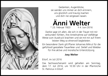 Anzeige von Anni Welter von Kölner Stadt-Anzeiger / Kölnische Rundschau / Express