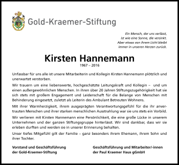 Anzeige von Kirsten Hannemann von Kölner Stadt-Anzeiger / Kölnische Rundschau / Express