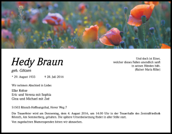 Anzeige von Hedy Braun von Kölner Stadt-Anzeiger / Kölnische Rundschau / Express