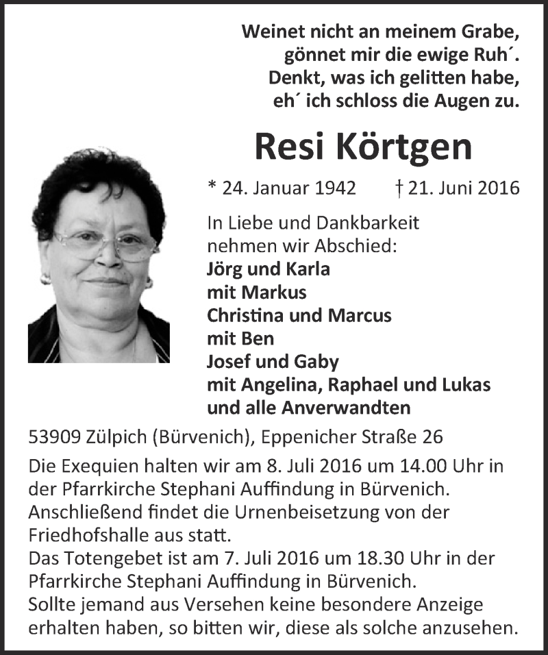  Traueranzeige für Resi Körtgen vom 02.07.2016 aus  Blickpunkt Euskirchen 