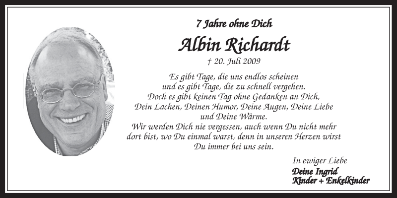  Traueranzeige für Albin Richardt vom 20.07.2016 aus  Wochenende 