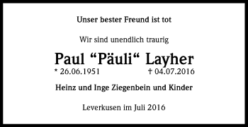 Anzeige von Paul  Layher von Kölner Stadt-Anzeiger / Kölnische Rundschau / Express