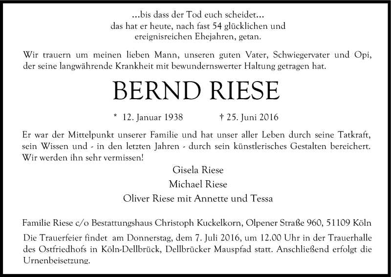  Traueranzeige für Bernd Riese vom 02.07.2016 aus Kölner Stadt-Anzeiger / Kölnische Rundschau / Express