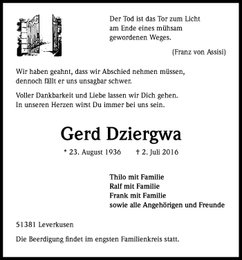 Anzeige von Gerd Dziergwa von Kölner Stadt-Anzeiger / Kölnische Rundschau / Express