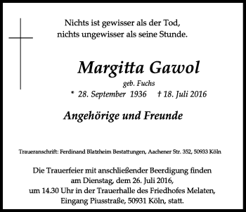 Anzeige von Margitta Gawol von Kölner Stadt-Anzeiger / Kölnische Rundschau / Express
