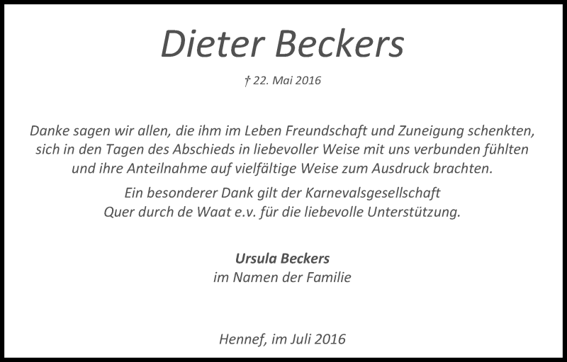  Traueranzeige für Dieter Beckers vom 09.07.2016 aus Kölner Stadt-Anzeiger / Kölnische Rundschau / Express
