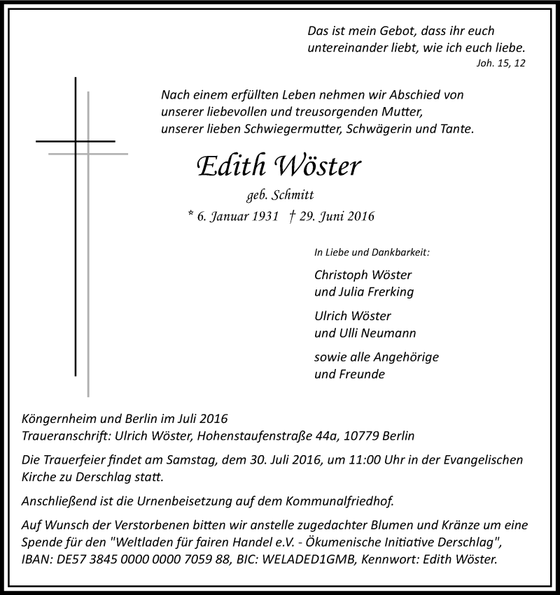  Traueranzeige für Edith Wöster vom 23.07.2016 aus Kölner Stadt-Anzeiger / Kölnische Rundschau / Express