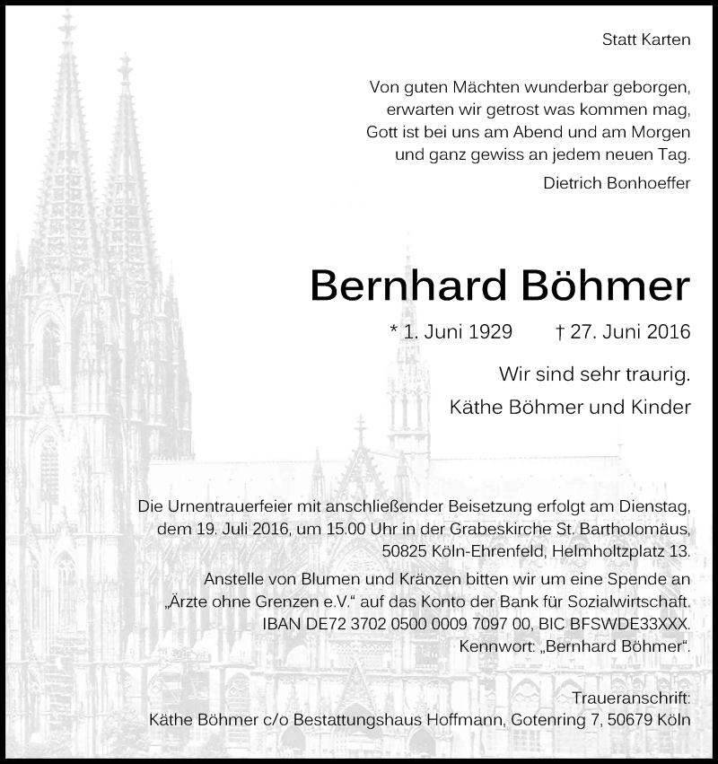  Traueranzeige für Bernhard Böhmer vom 09.07.2016 aus Kölner Stadt-Anzeiger / Kölnische Rundschau / Express