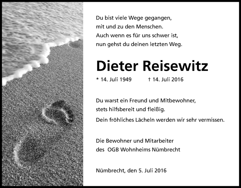  Traueranzeige für Dieter Reisewitz vom 09.07.2016 aus Kölner Stadt-Anzeiger / Kölnische Rundschau / Express