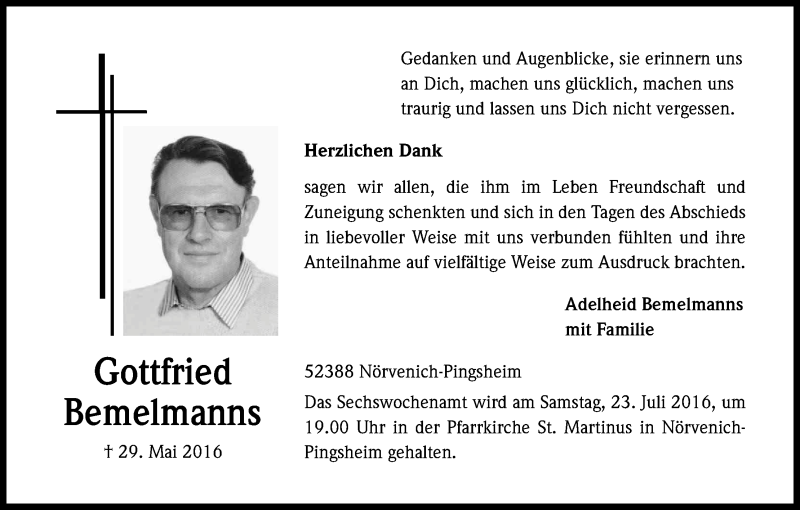  Traueranzeige für Gottfried Bemelmanns vom 16.07.2016 aus Kölner Stadt-Anzeiger / Kölnische Rundschau / Express