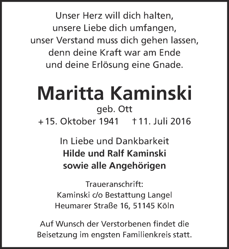  Traueranzeige für Maritta Kaminski vom 20.07.2016 aus  Kölner Wochenspiegel 