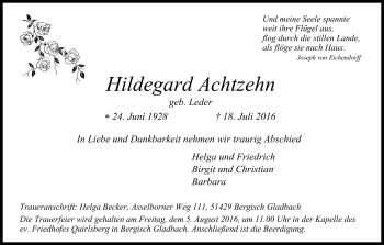 Anzeige von Hildegard Achtzehn von Kölner Stadt-Anzeiger / Kölnische Rundschau / Express